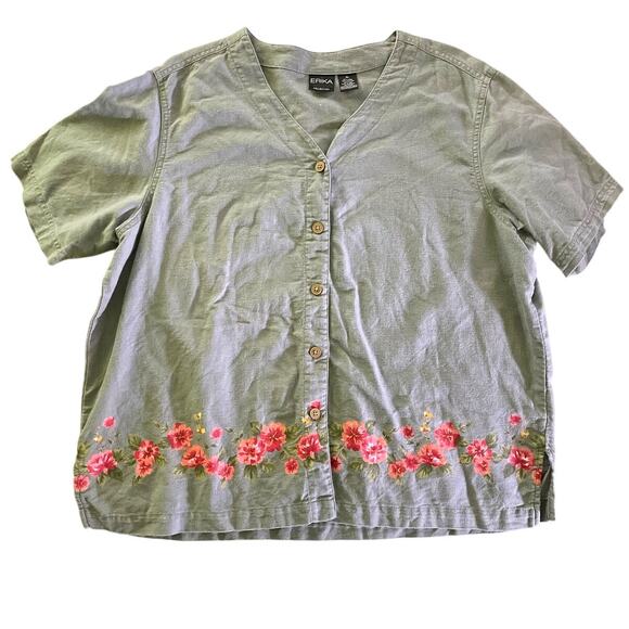 Erika Collection 90s Grey Linen Cotton Floral Hem Button Front Top XL - Picture 1 of 8